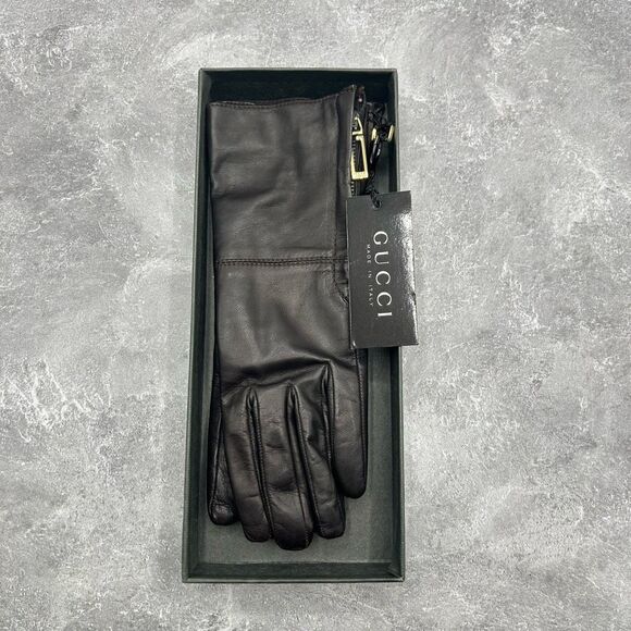 NWT Gucci Black Genuine Leather Nappa Gloves Size 6.5 G Logo Side Zip With Box - Picture 2 of 15